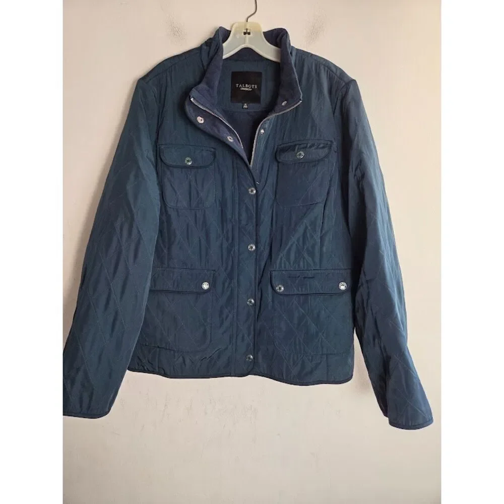 Talbots Blue Green Quilted Multi Pocket Full Zipper Snap Button Jacket size XL